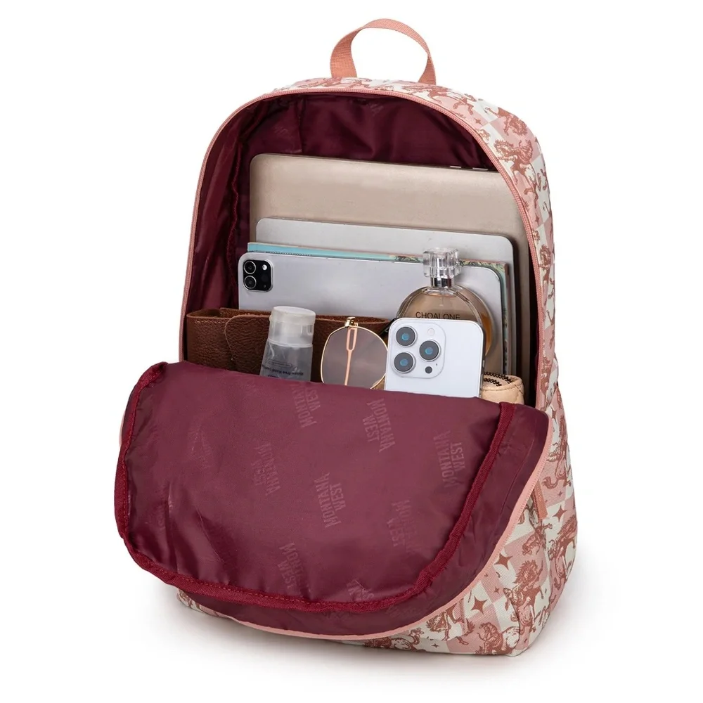 Montana West Bucking Cowgirl Print Backpack -2Pcs Set - Pink - Picture 6 of 6